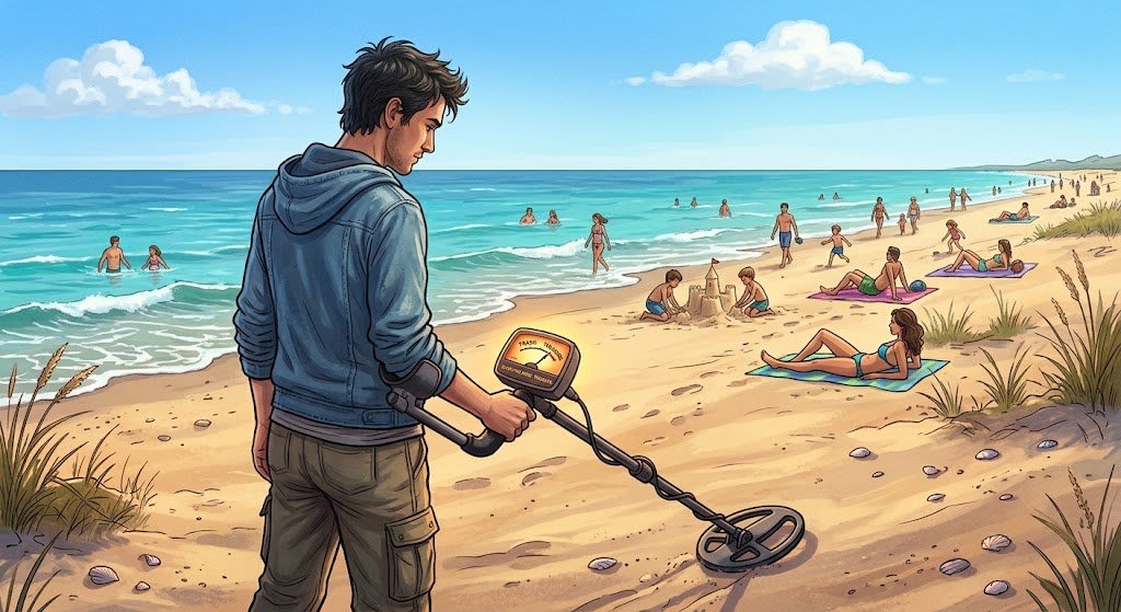 An illustration of a person on a beach using a metal detector with a control dial set to treasure, representing cognitive reframing in therapy.